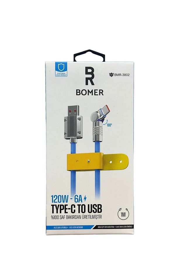 3802 120w 6a Mavi Renk Type C To Usb 180 Derece Döner Başlı Işıklı Şarj Ve Data Kablosu - 3