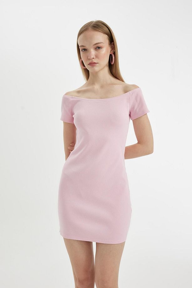 Coool Bodycon Vücuda Oturan Kayık Yaka Basic Düz Fitilli Kaşkorse Kısa Kollu Mini Elbise A7362AX24SM - 4