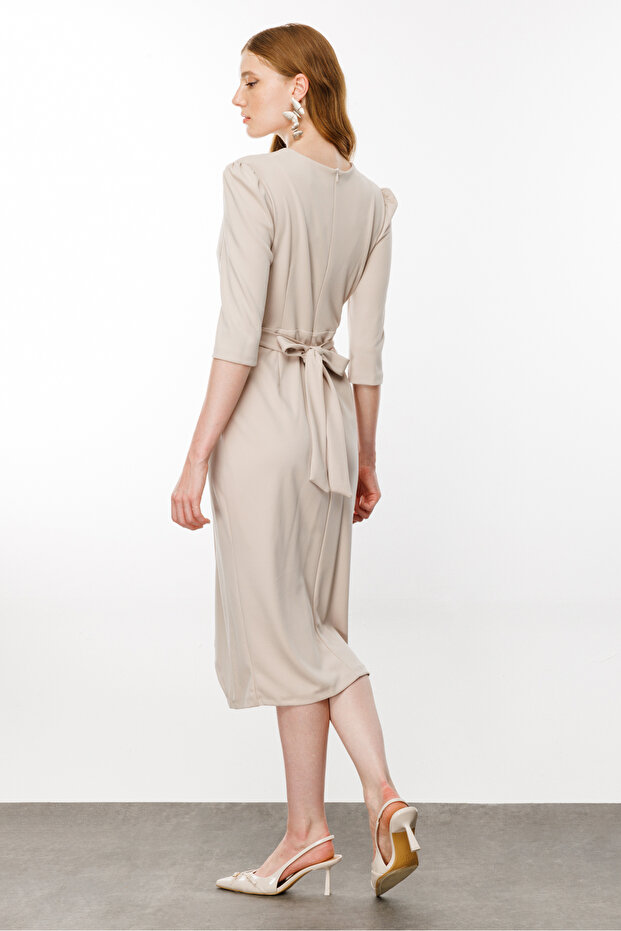 Kruvaze Bej Elbise - 8