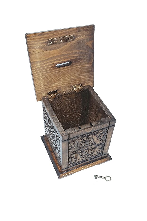 Oyma Desenli Ahşap Dikey Tip Box Bahşiş Kutusu 1 Adet - 4