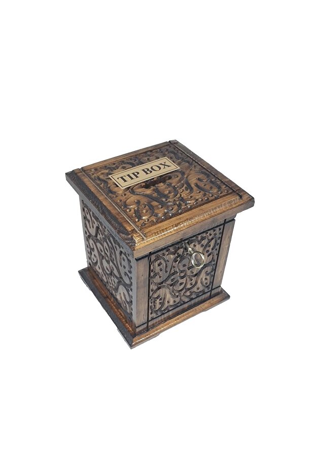 Oyma Desenli Ahşap Dikey Tip Box Bahşiş Kutusu 1 Adet - 2