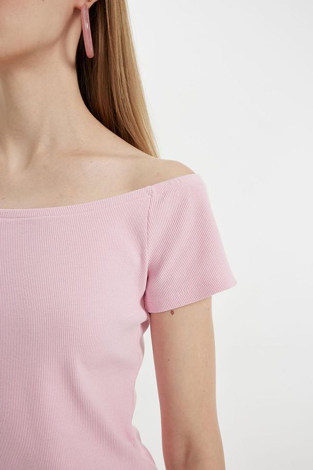 Coool Bodycon Vücuda Oturan Kayık Yaka Basic Düz Fitilli Kaşkorse Kısa Kollu Mini Elbise A7362AX24SM - 6