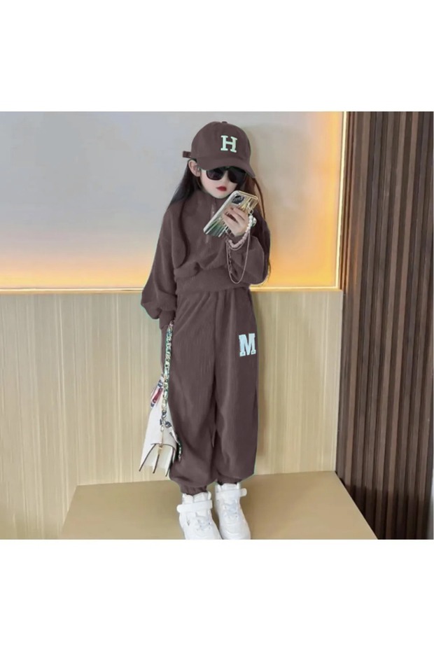 CUSTOM DESIGN STAND COLLAR HALF ZIPPERED M PRINTED FULL WINTER GIRL'S LUXURY TRACKSUIT SET