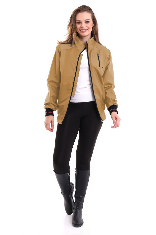 Women's Stand Collar Bonded Water Repellent Fabric Casual Zippered Seasonal Coat Mustard