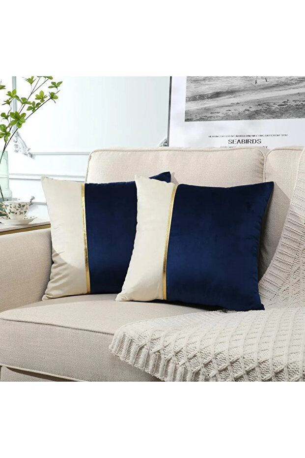 2 PCS Gold Leather Striped Velvet Look Decorative Throw Pillow Cover