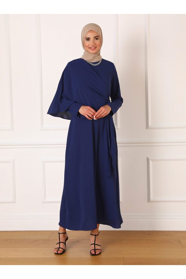 Navy Blue Aerobin Hijab Dress - Side Tie Detail - Refka