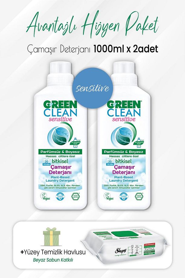 Sensitive Çamaşır Deterjan 1 lt x 2 Adet ve Easy Temizlik Havlusu 100' lü - 1