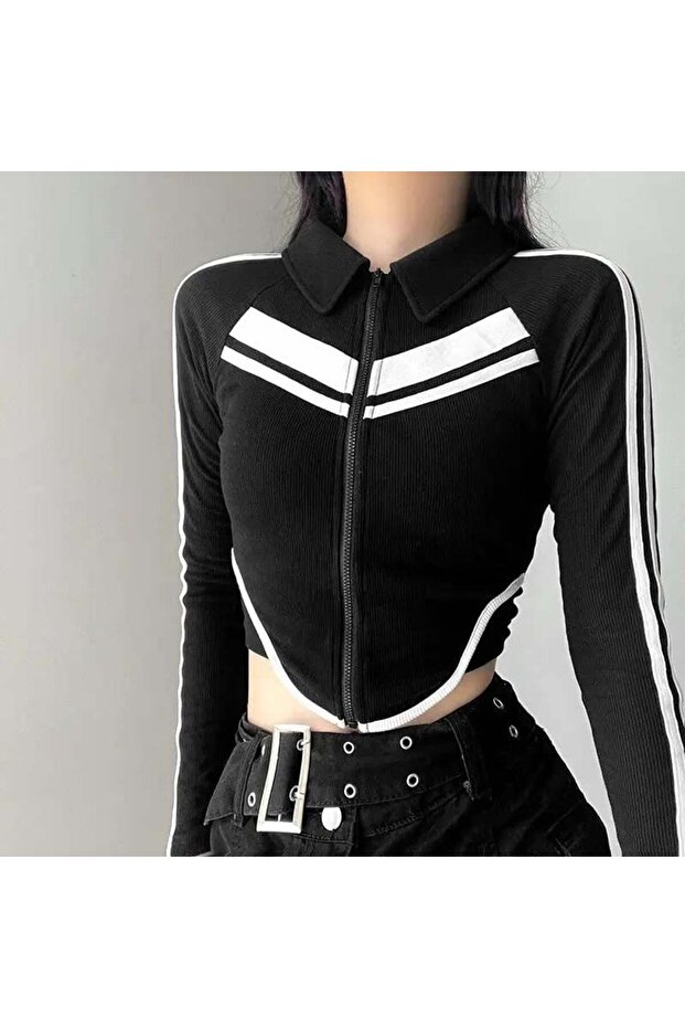 Y2K Moto Biker Striped Long Sleeve Printed Crop Blouse
