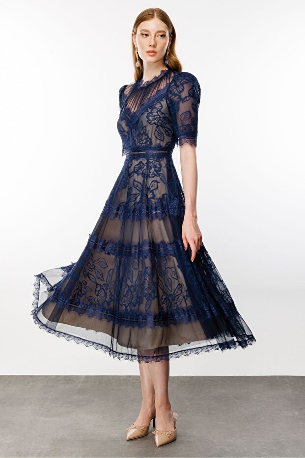 Lacivert Dantelli Elbise - 2