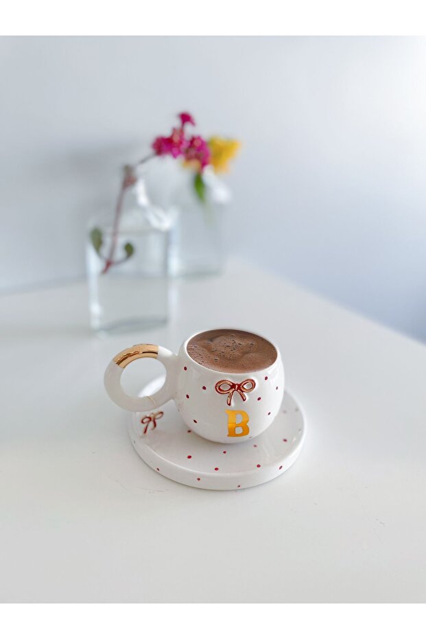 24 K Gold - Gilded Double Turkish Coffee Cup with Red Bow Detail - Letter B