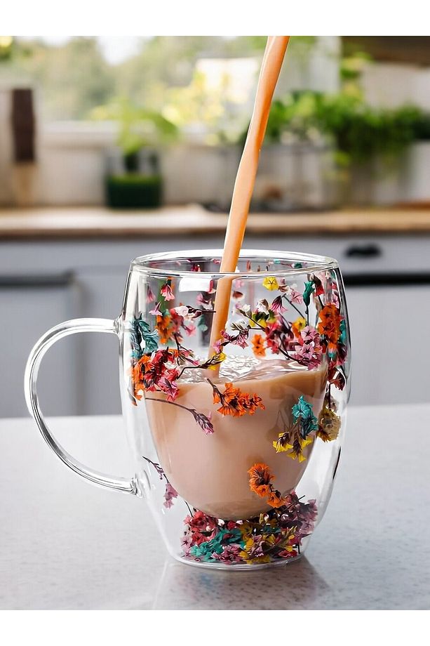 2'li Çift Cidarlı Çiçekli Bardak Kahve 350ml.çay Bardağı Isıya Dayanıklı Kulplu Cam Bardak Seti - 1