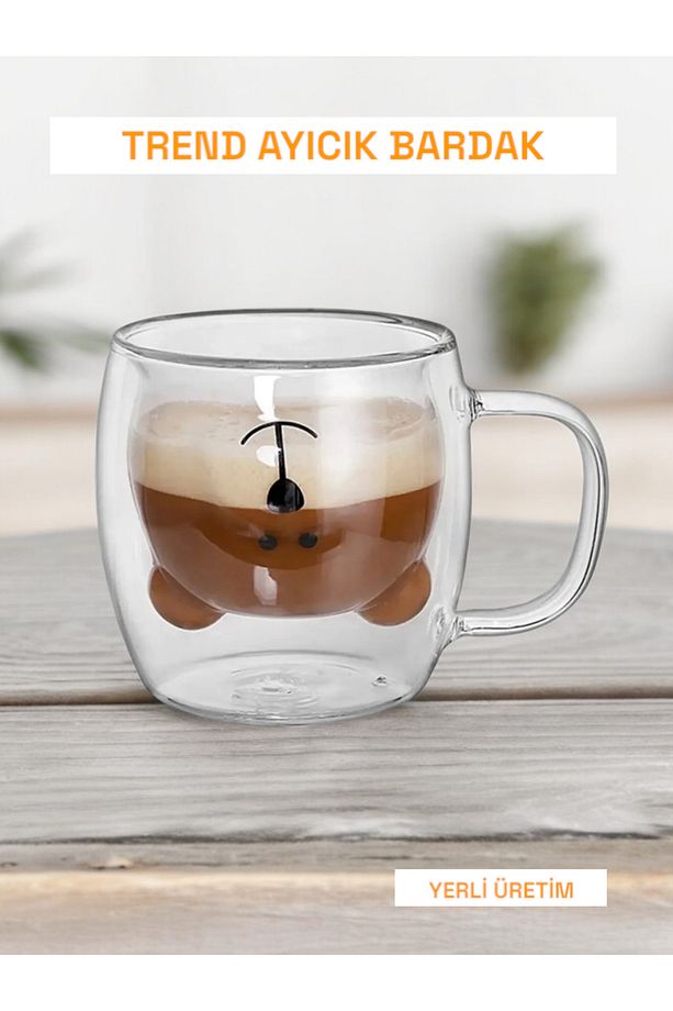 Ayıcıklı Çift Cidarlı Tasarım Cam Bardak 250 Ml Isıya Dayanıklı Çift Cidarlı Ayıcık Bardak - 1