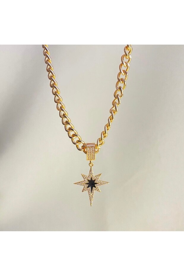 Illys Gold Chain Zircon Stone Detailed Black North Star Necklace