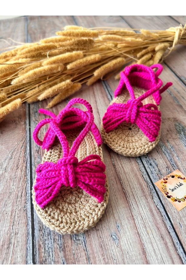 El Yapımı Örgü Pembe Kız Bebek Sandalet Patik - 8