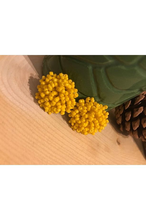 Koyu Sarı Kum Boncuklu Iri Top Küpe - 4