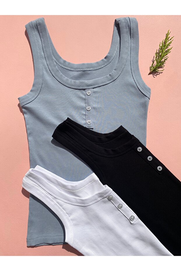 Women's Ribbed Cotton Fabric Thick Strap Button Detailed 3-Piece Black, White, Blue Color Basic Undershirt