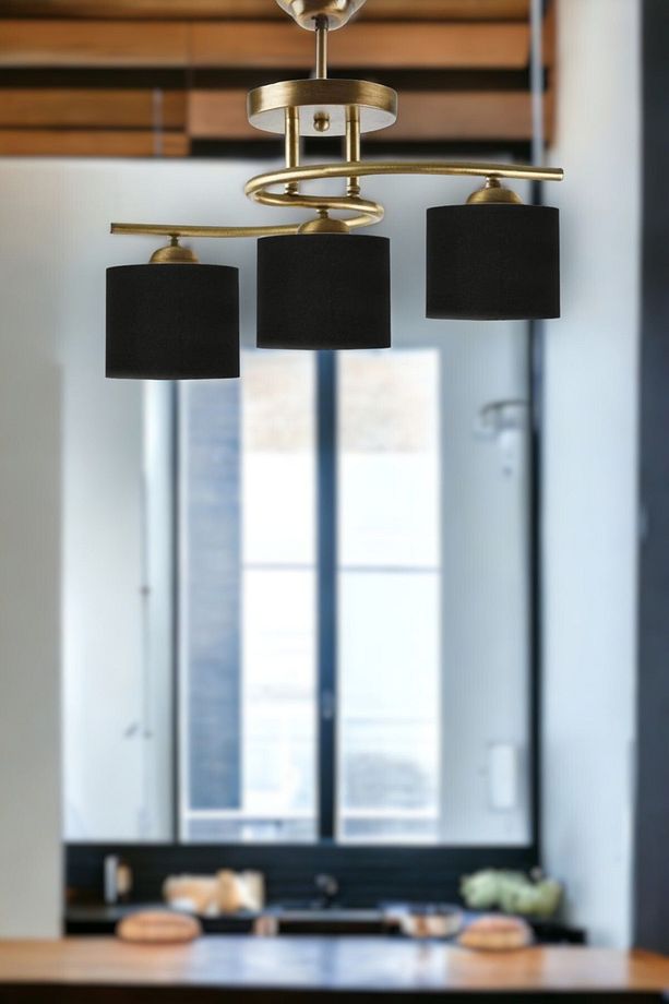 Fuji Modern Dekoratif Eskitme Renk Salon - Mutfak - Yatak Odası 3 lü Siyah Kumaş Başlıklı Avize - 1