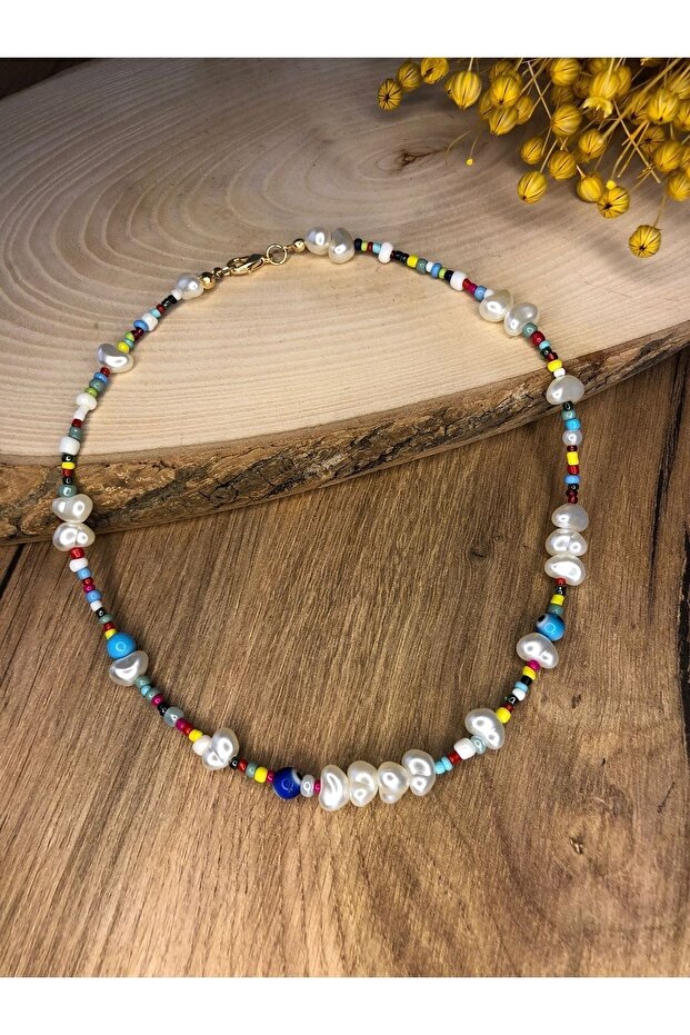 Colorful Trapezoid Pearl and Evil Eye Bead Detailed Sand Bead Pearl Necklace