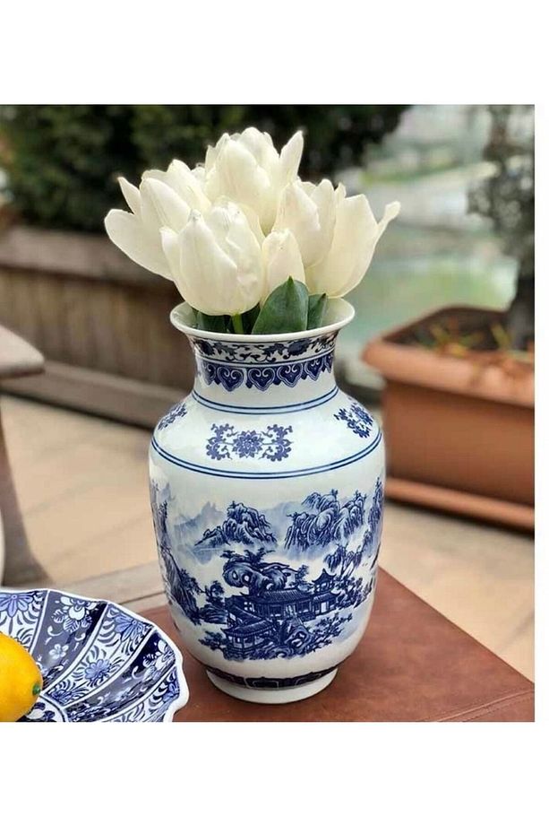 Bleu Blanc Manzara Desenli Küp Vazo 30cm - 1