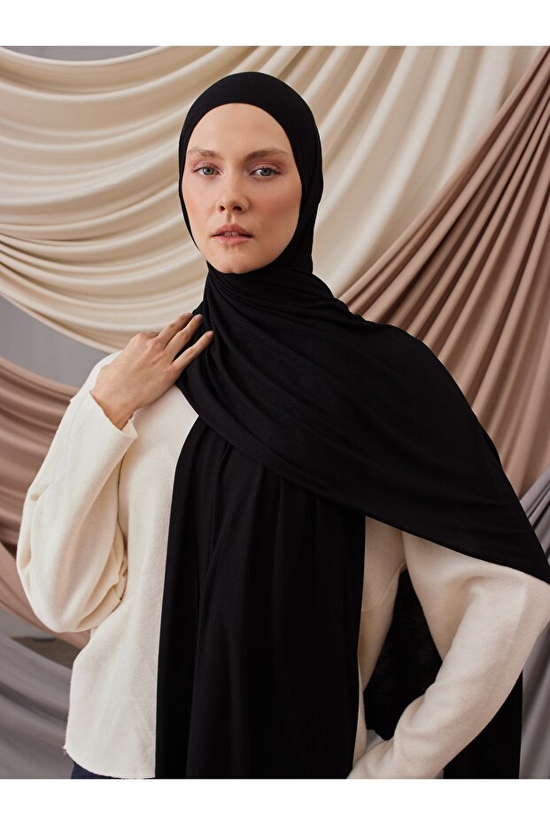 Small Bamboo Ribbed Jersey Shawl | Color: Black | Hijab