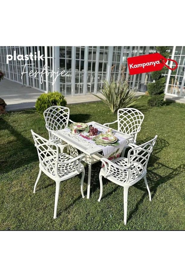 HİTİT model ferforje görünümlü PLASTİK KARE masa ve sandalye takım 4 sandalye 1 masa - 1
