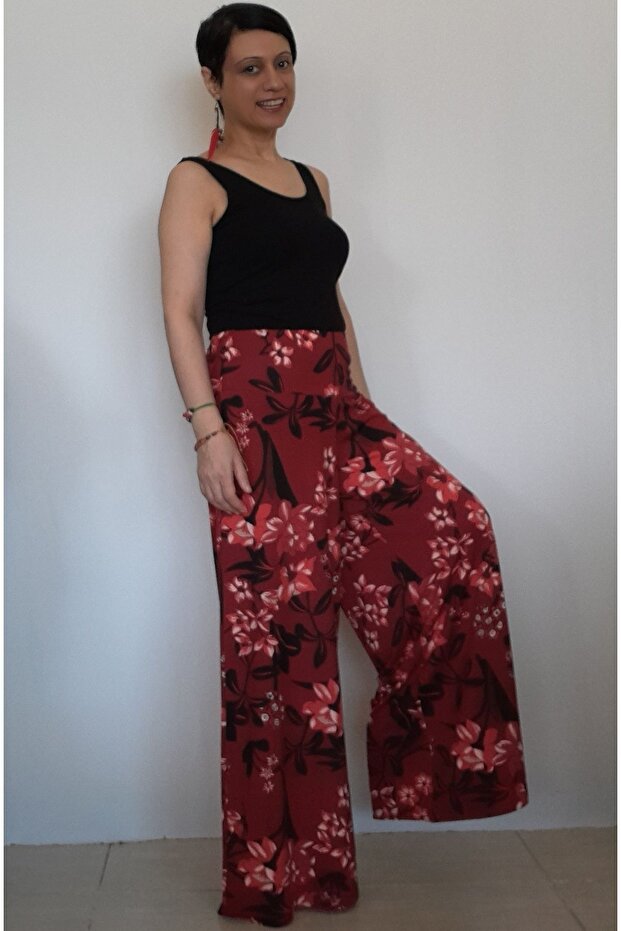 Burgundy black floral patterned elastic waist wide leg combed cotton viscose trouser skirt
