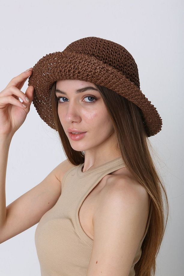 Kahve Örgü Hasır Bucket Kadın Şapka - 1