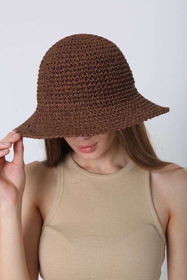 Kahve Örgü Hasır Bucket Kadın Şapka - 6