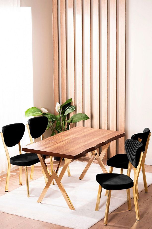 Kütük Desenli MDF Gold Elma Mutfak Masa Takımı 4 Sandalyeli Salon Yemek Masa Takımı - 1