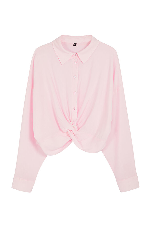 Pembe Düğüm Detaylı Crop Dokuma Bluz TWOSS23BZ00442 - 6