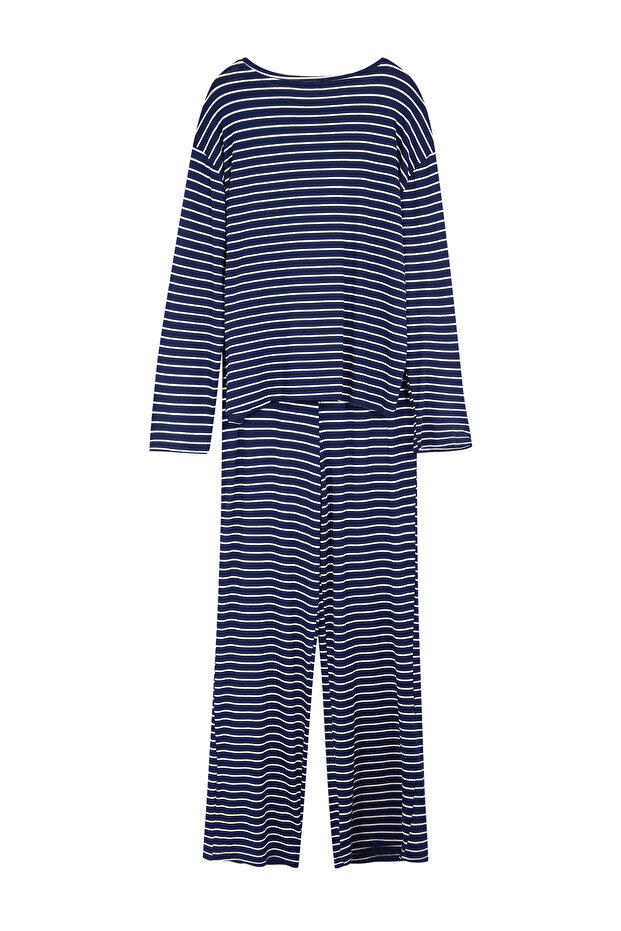 Lacivert Çizgili Gökkuşağı Baskılı Viskon Örme Pijama Takımı THMAW25PT00014 - 7