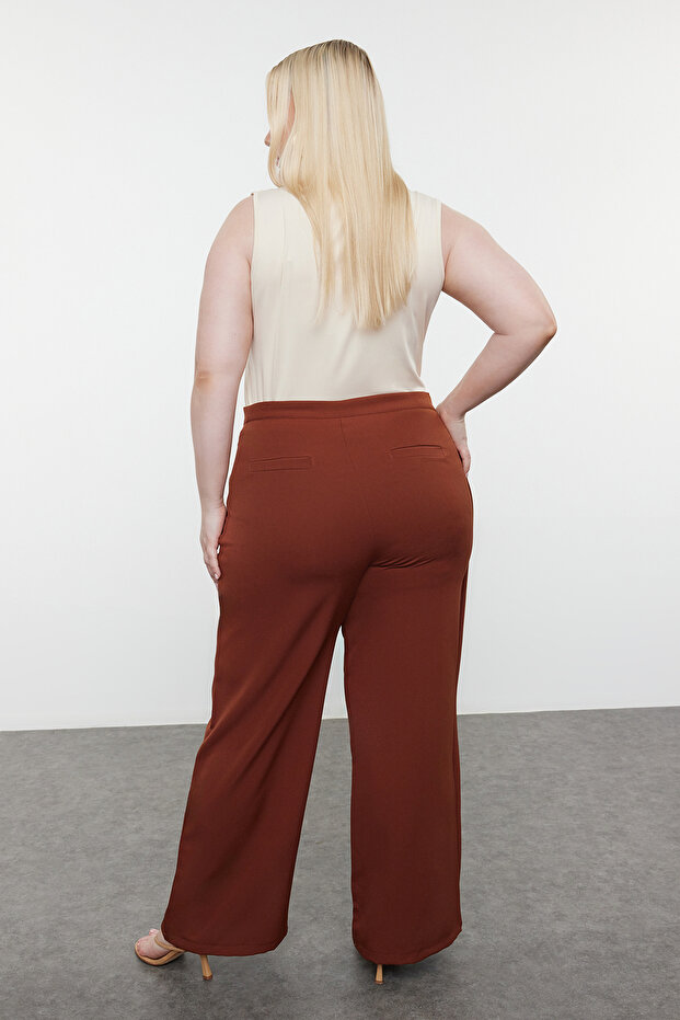 Kahverengi Wide Leg/Geniş Paça Çapraz Kapama Detaylı Dokuma Pantolon TBBSS24AR00049 - 5