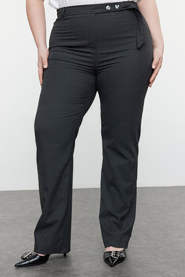 Antrasit Straight/Düz Kesim Dokuma Paça ve Kemeri Düğmeli Kumaş Pantolon TBBSS24AR00045 - 3
