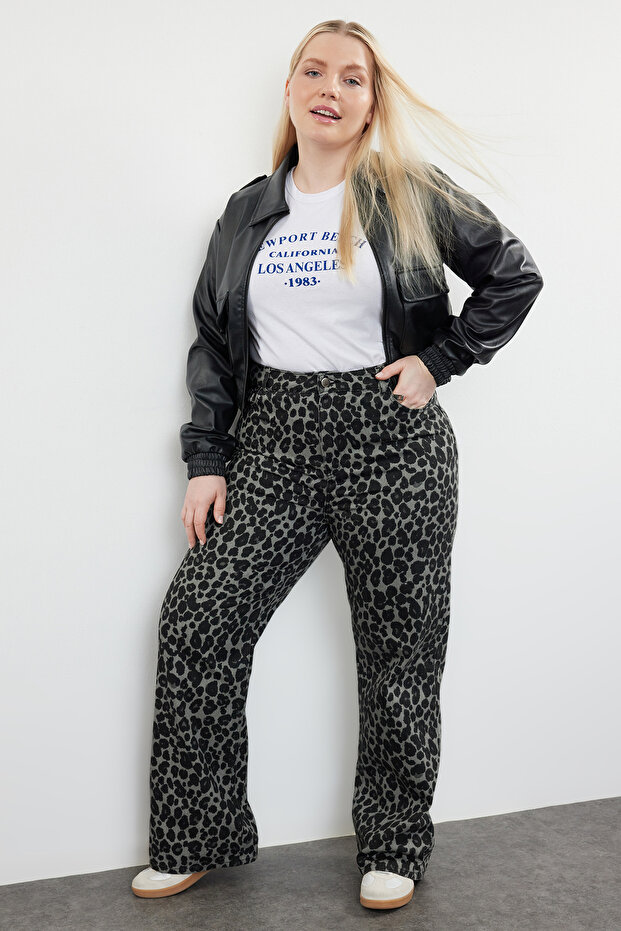 Antrasit Yüksek Bel Leopar Desenli Straight Fit Büyük Beden Jeans TBBAW25CJ00003 - 2