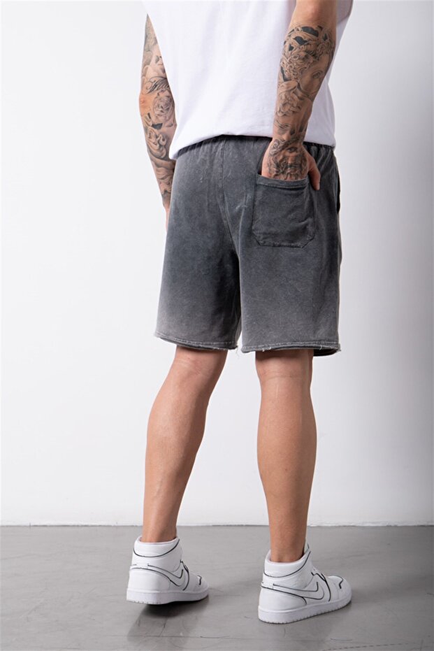 Erkek Yıkamalı Basic Siyah Şort - 2