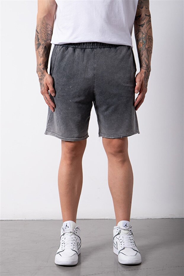 Erkek Yıkamalı Basic Siyah Şort - 3