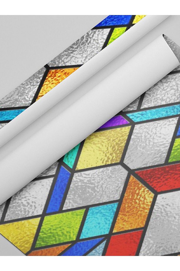 Sf 620 Renkli Geometrik Desenli Şeffaf Vitray Cam Kaplama Yapışkanlı Folyo - 2
