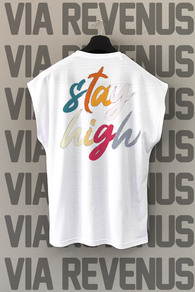 Stay High Back Printed White Sports Tshirt with Zero Sleeves