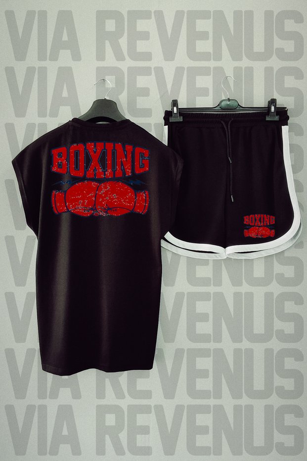 Boxing Back Printed Zero Sleeve Crew Neck Black Sports Tshirt and Black Sports Shorts Set