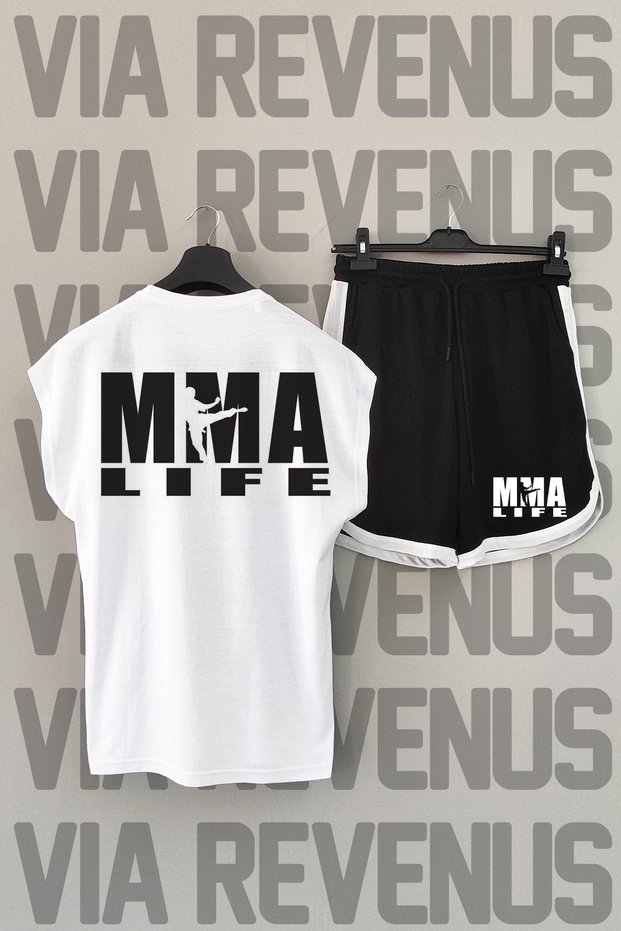Mma Life Back Printed Zero Sleeve Crew Neck White Sports Tshirt and Black Sports Shorts Set