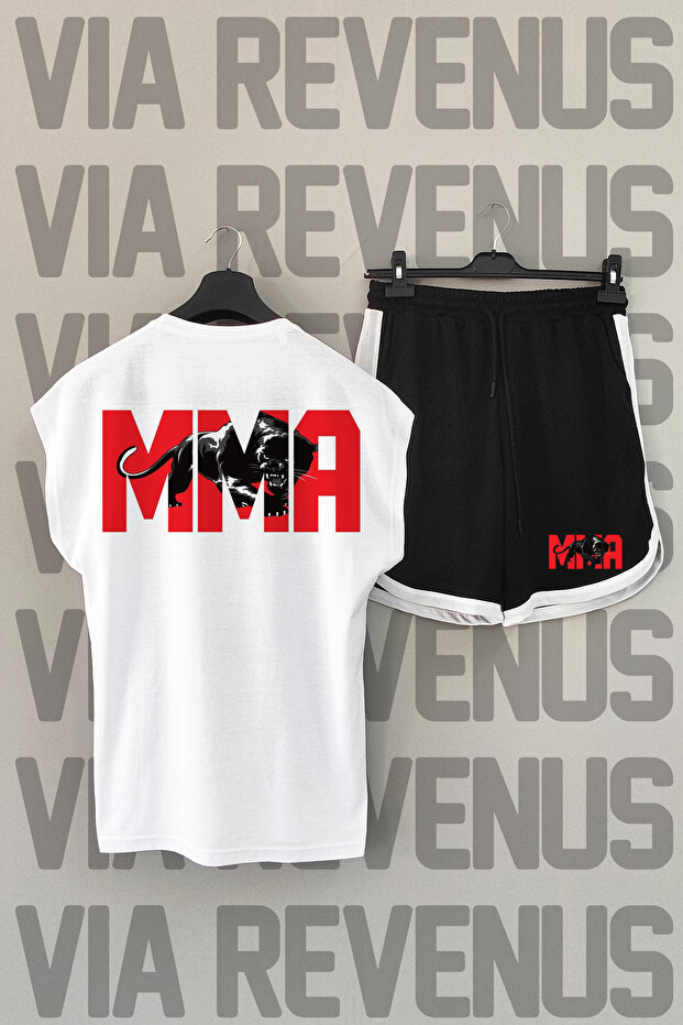 Mma Back Printed Zero Sleeve Crew Neck White Sports Tshirt and Black Sports Shorts Set