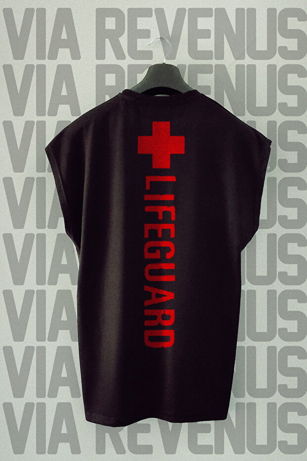 Lifeguard - Black Sports Tshirt with Back Print and Zero Sleeves