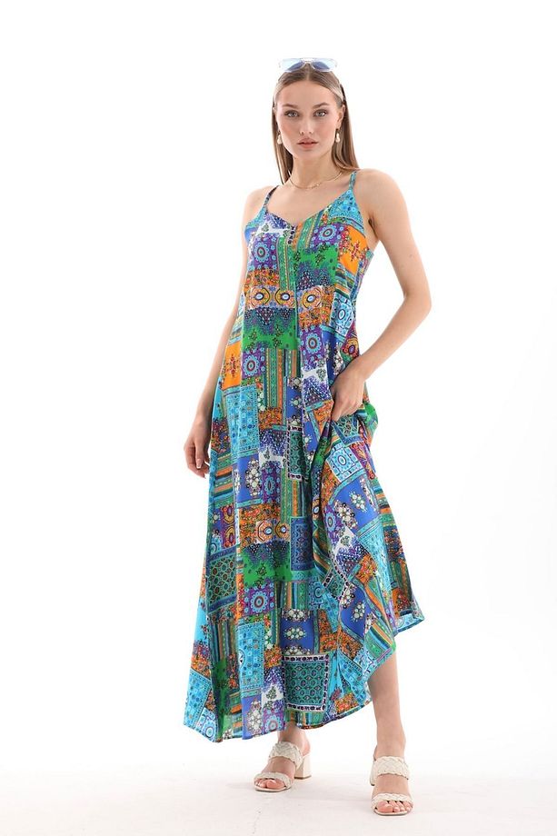 Patchwork Düz Askılı Viskon Elbise - 5