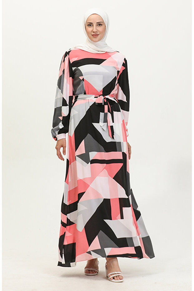 60415-01 Model Pink Black Viscose Dress - Patterned and Belted