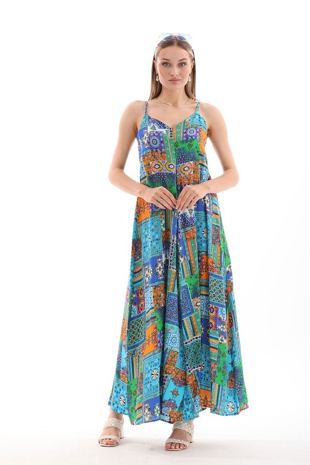 Patchwork Düz Askılı Viskon Elbise - 4