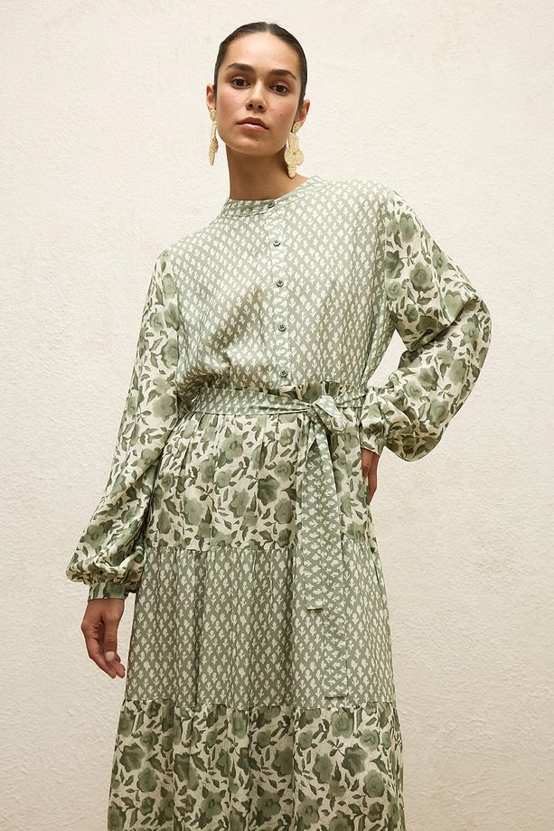 DESENLİ KATLI VİSKON ELBİSE GREEN SIMONE - 3