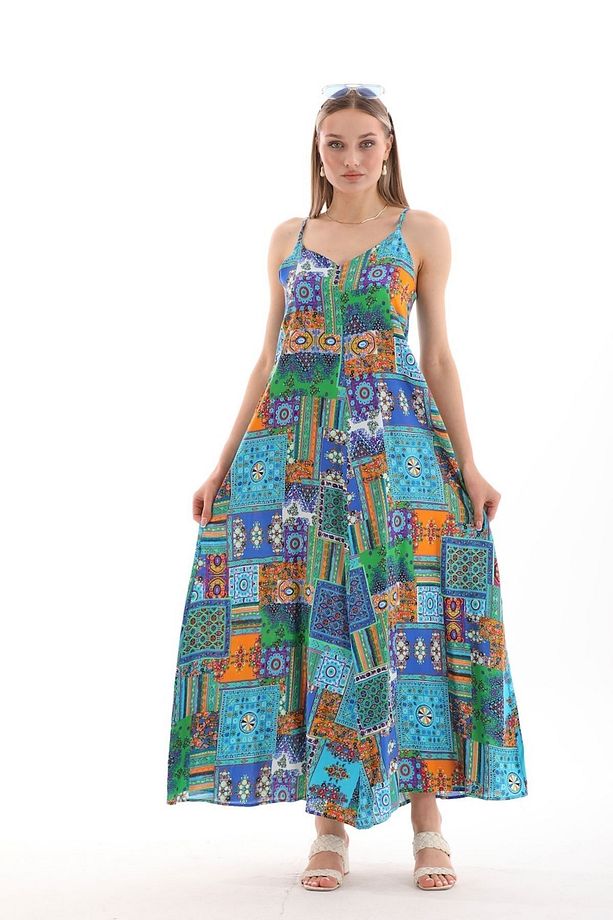 Patchwork Düz Askılı Viskon Elbise - 7