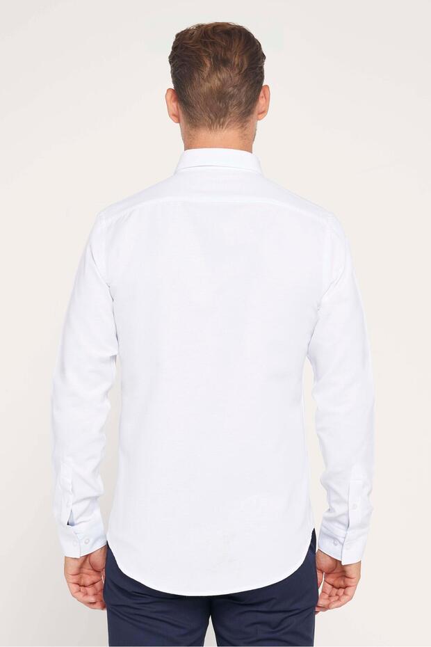 Slim Fit Uzun Kollu Düğmeli Yaka Pamuklu Kolay Ütü Düz Erkek Gömlek - 5