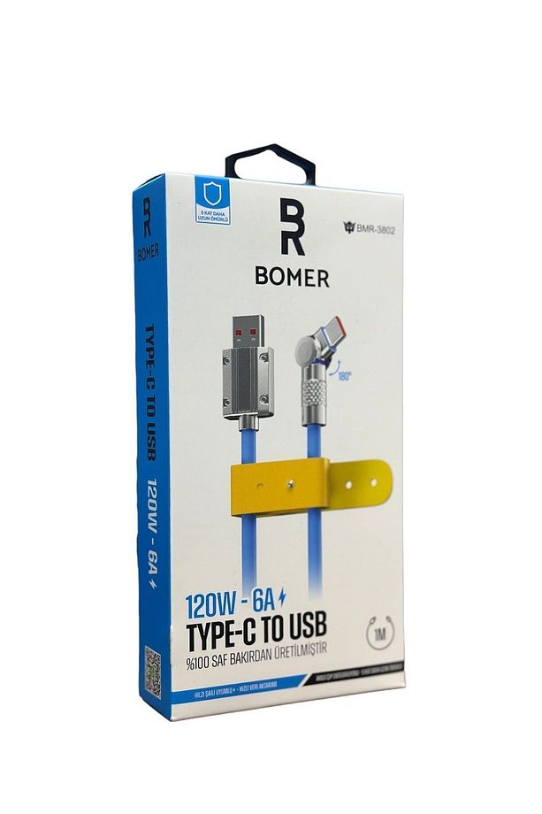 3802 120w 6a Mavi Renk Type C To Usb 180 Derece Döner Başlı Işıklı Şarj Ve Data Kablosu - 2