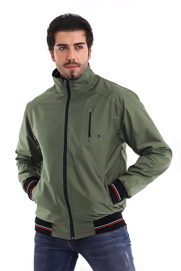 Men's Stand Collar Bondik Fabric Lined Pocketed Zippered Water Repellent Seasonal Coat Khaki
